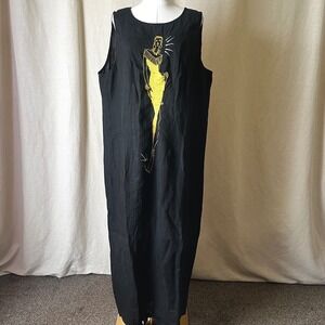 Vintage Mosato Linen Maxi Dress Black Gold Embroidered Art 3X